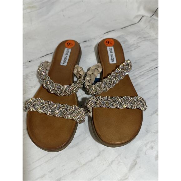 Steve Madden Sandal in Tan and gold with 2 Blingy Straps Size 9.5 - Picture 1 of 7